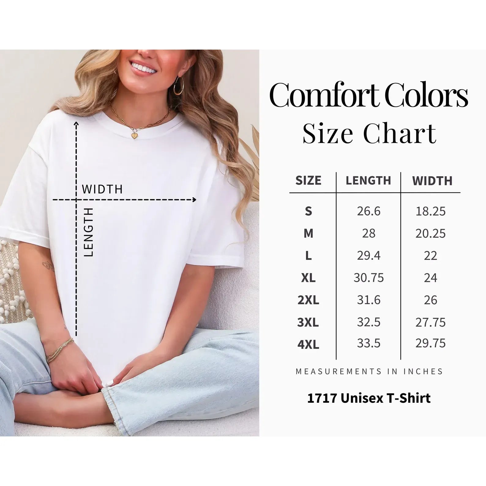 Woman wearing a white t-shirt with size chart on the right