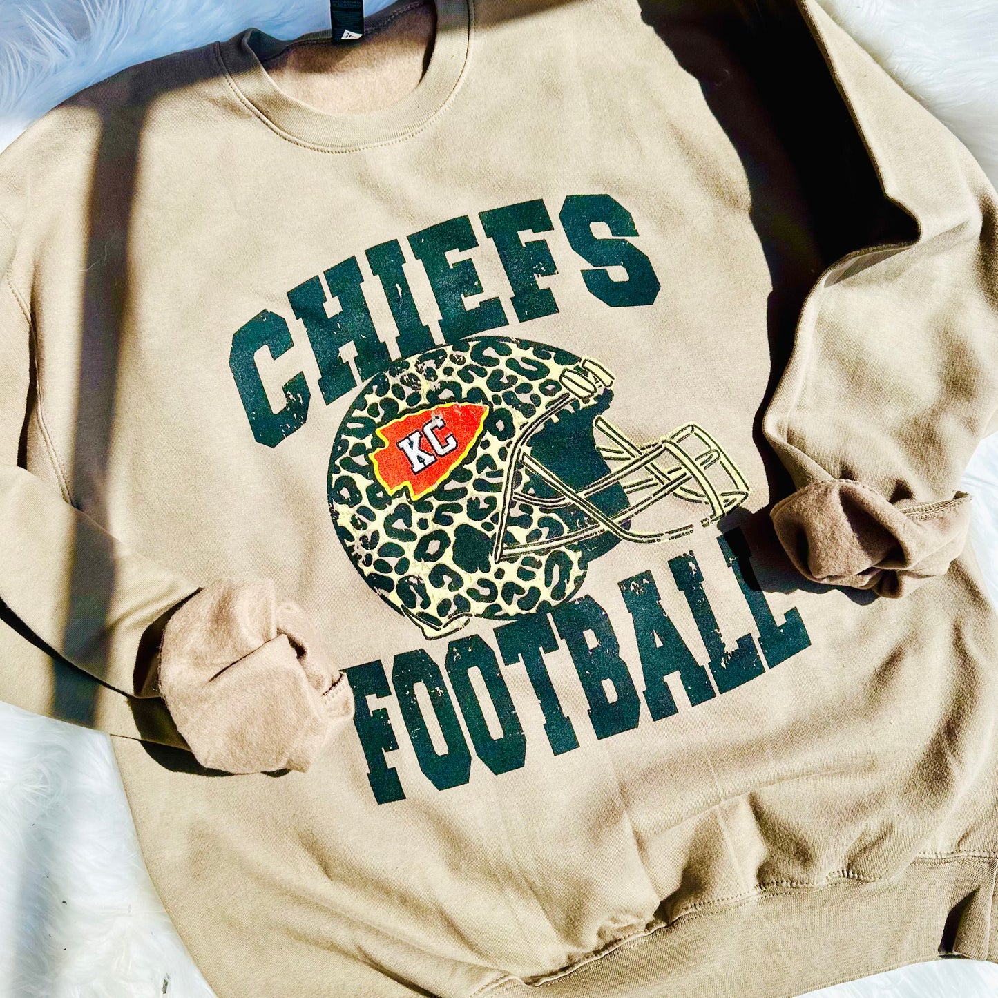Kansas City Chiefs Football Sweatshirt - Leopard Print Helmet Game Day Crewneck