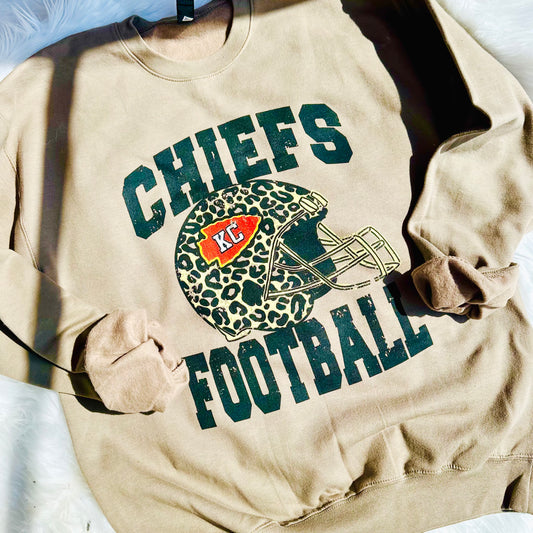 Kansas City Chiefs Football Sweatshirt - Leopard Print Helmet Game Day Crewneck
