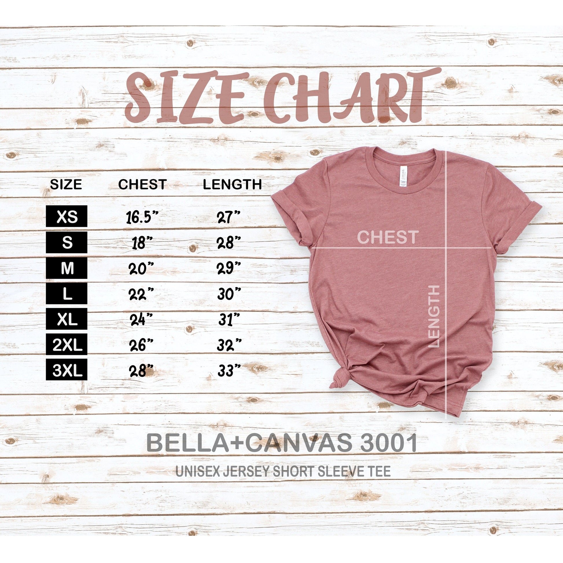 Size chart for a Bella+Canvas 3001 t-shirt on a wooden background